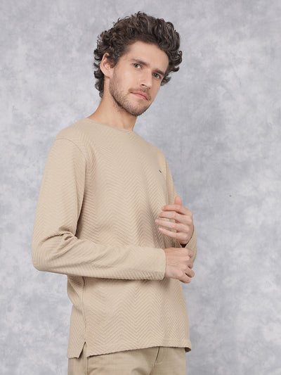 Khaki Jacquard Long Sleeves T-Shirt-Men T-Shirts-Crimsoune Club