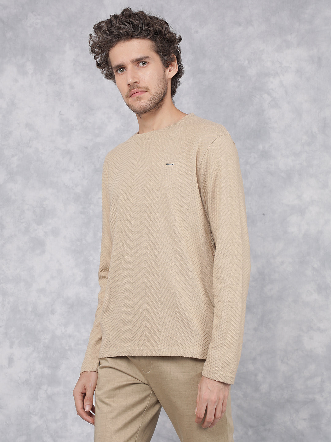 Khaki Jacquard Long Sleeves T-Shirt-Men T-Shirts-Crimsoune Club