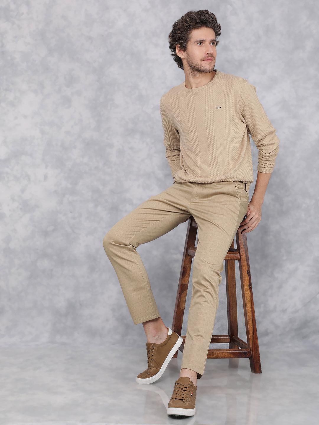 Khaki Jacquard Long Sleeves T-Shirt-Men T-Shirts-Crimsoune Club