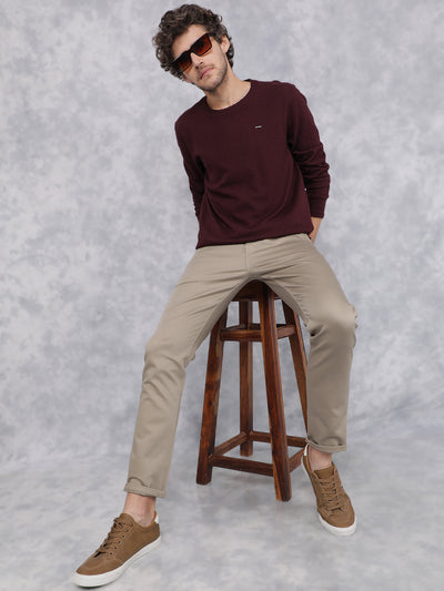 Maroon Jacquard Long Sleeves T-Shirt-Men T-Shirts-Crimsoune Club