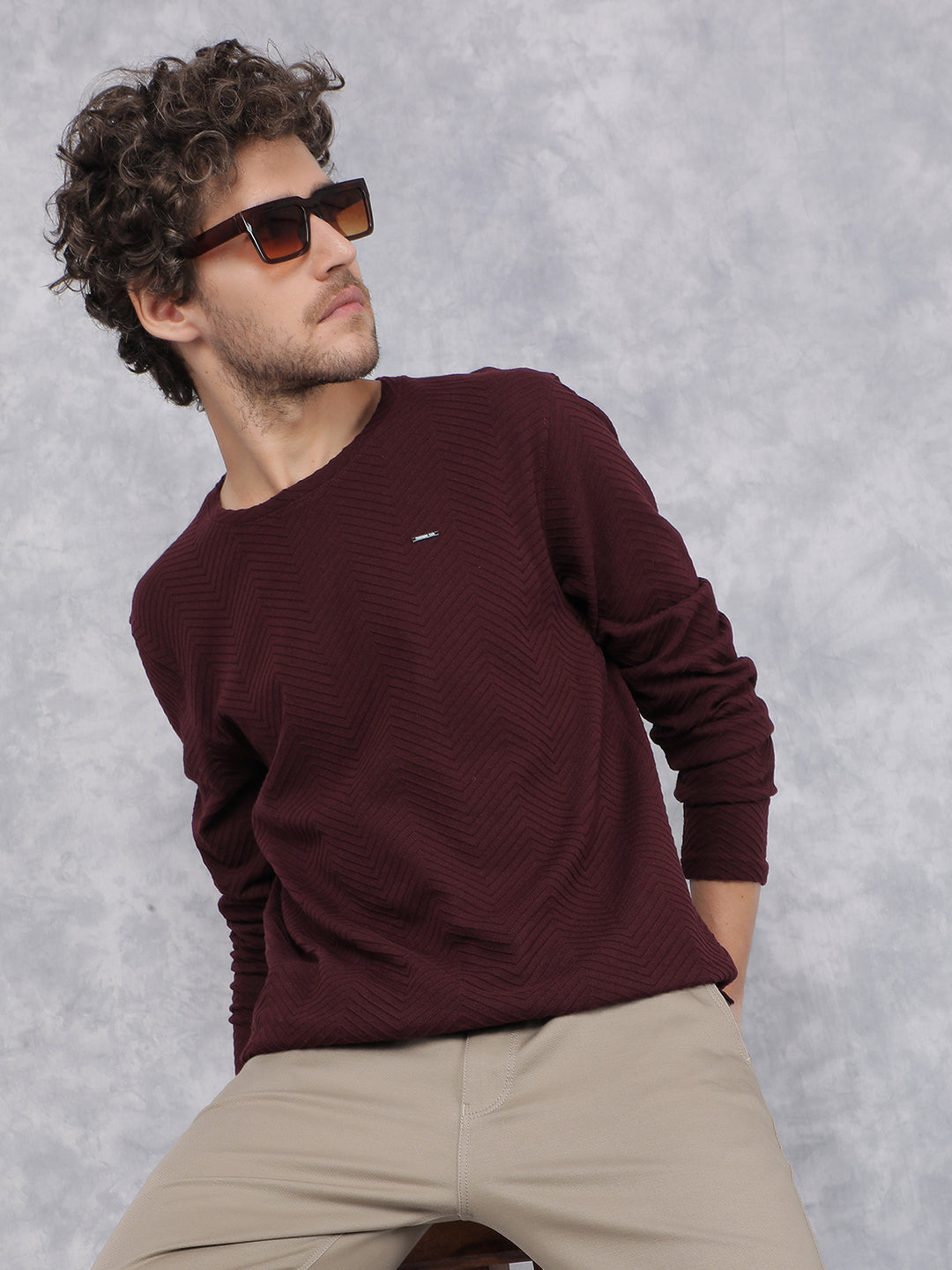 Maroon Jacquard Long Sleeves T-Shirt-Men T-Shirts-Crimsoune Club