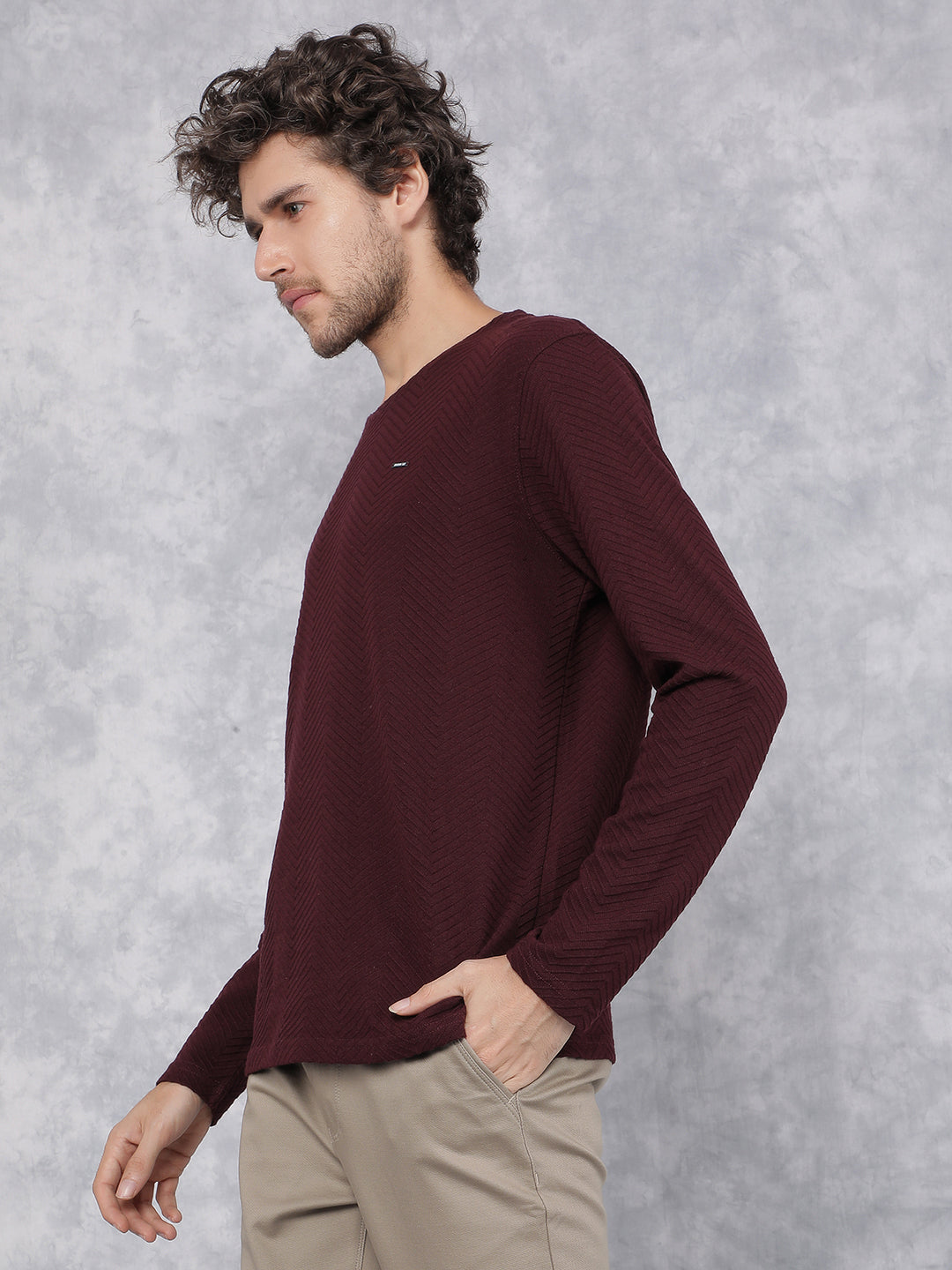 Maroon Jacquard Long Sleeves T-Shirt-Men T-Shirts-Crimsoune Club