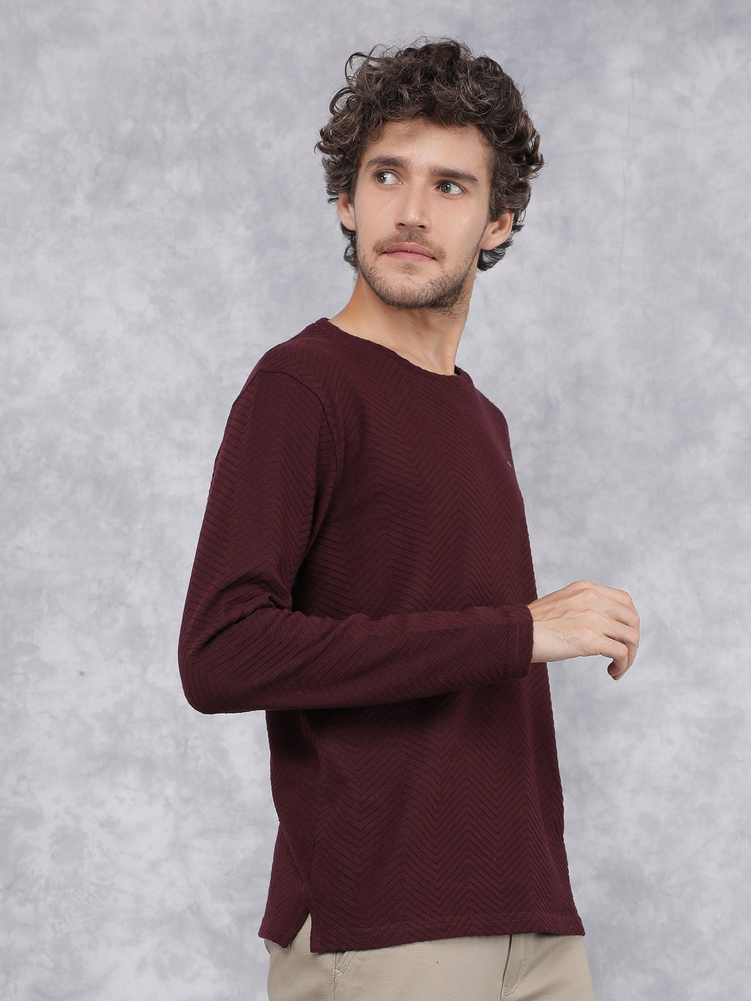 Maroon Jacquard Long Sleeves T-Shirt-Men T-Shirts-Crimsoune Club