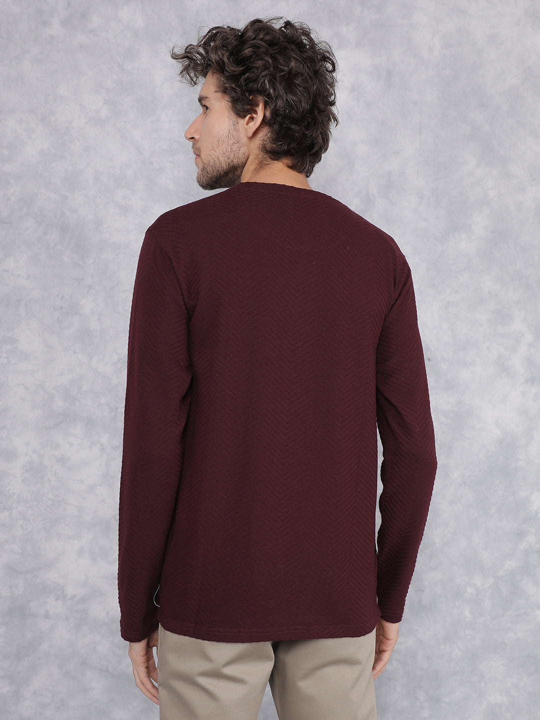 Maroon Jacquard Long Sleeves T-Shirt-Men T-Shirts-Crimsoune Club