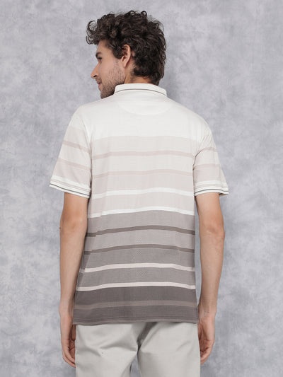 Beige Horizontal Stripes Polo Neck T-Shirt-Men T-Shirts-Crimsoune Club