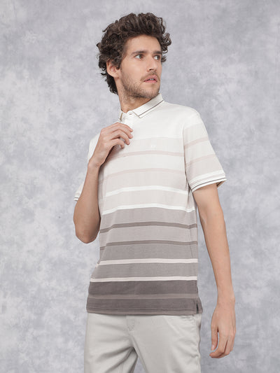 Beige Horizontal Stripes Polo Neck T-Shirt-Men T-Shirts-Crimsoune Club