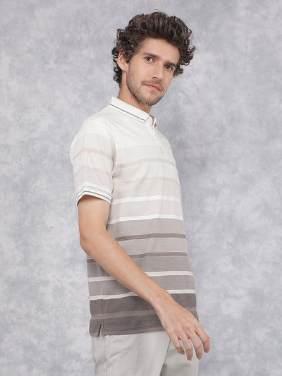 Beige Horizontal Stripes Polo Neck T-Shirt-Men T-Shirts-Crimsoune Club