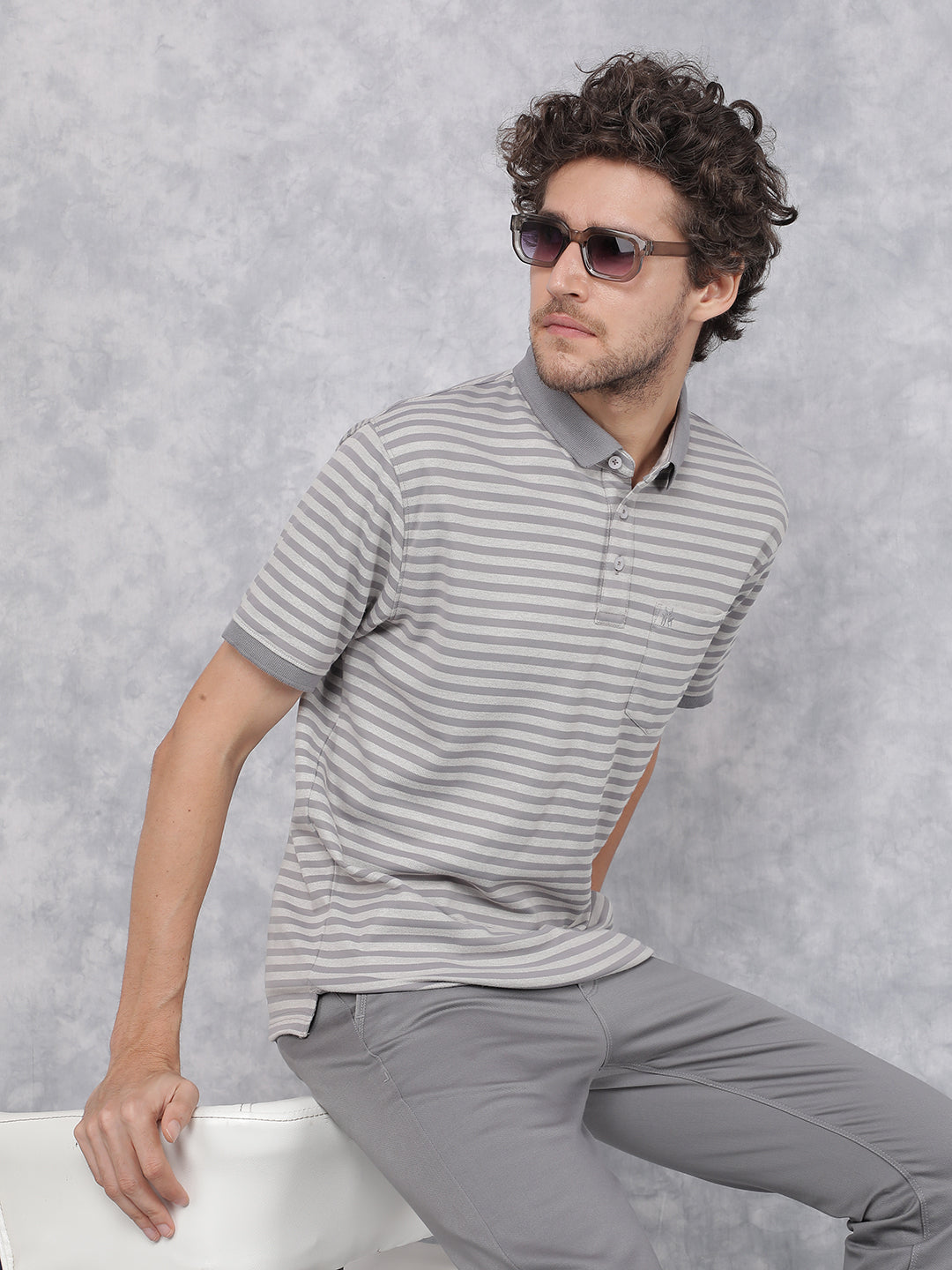 Grey Horizontal Stripes Polo Neck T-Shirt-Men T-Shirts-Crimsoune Club