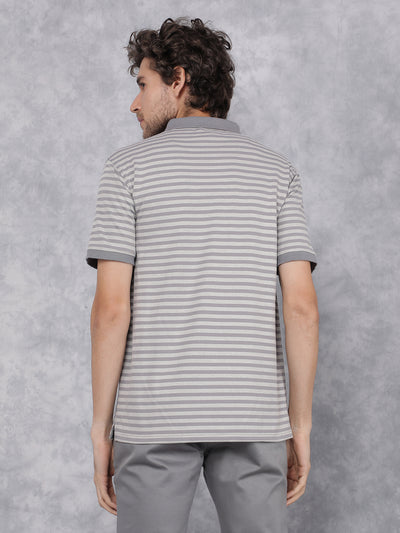 Grey Horizontal Stripes Polo Neck T-Shirt-Men T-Shirts-Crimsoune Club