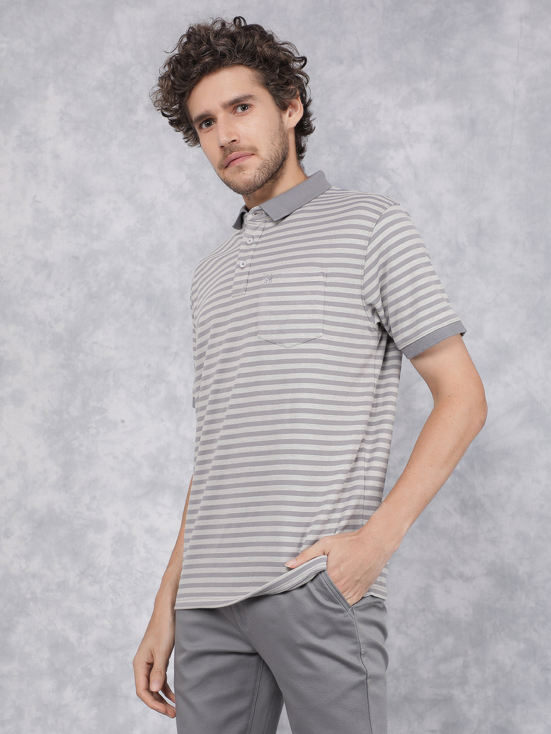 Grey Horizontal Stripes Polo Neck T-Shirt-Men T-Shirts-Crimsoune Club