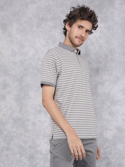 Grey Horizontal Stripes Polo Neck T-Shirt-Men T-Shirts-Crimsoune Club