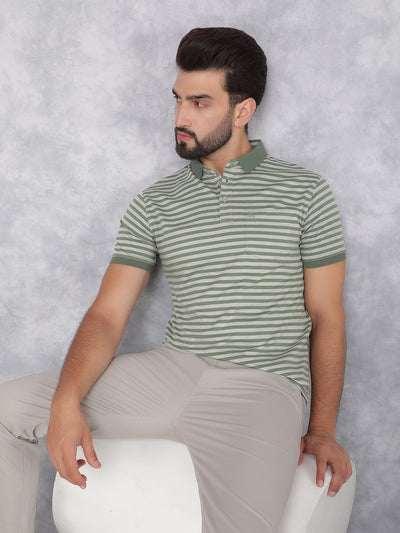 Green Horizontal Stripes Polo Neck T-Shirt-Men T-Shirts-Crimsoune Club