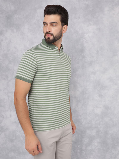 Green Horizontal Stripes Polo Neck T-Shirt-Men T-Shirts-Crimsoune Club