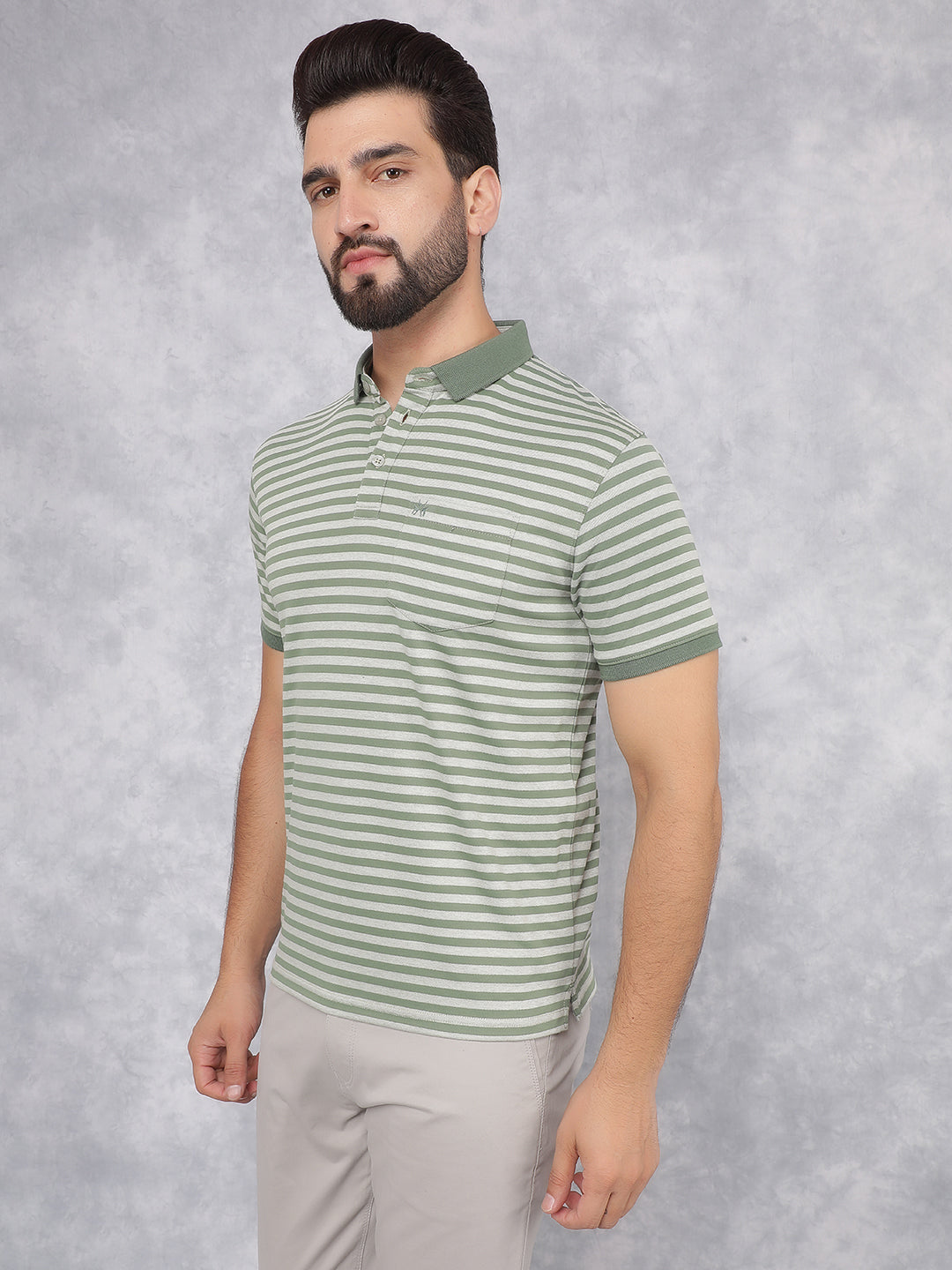 Green Horizontal Stripes Polo Neck T-Shirt-Men T-Shirts-Crimsoune Club