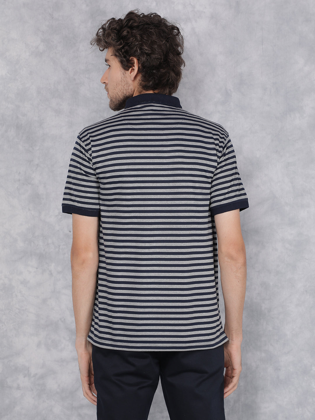 Navy Blue Horizontal Stripes Polo Neck T-Shirt-Men T-Shirts-Crimsoune Club