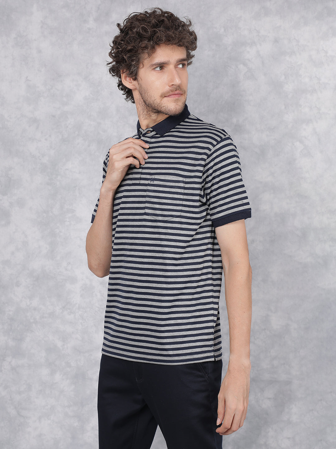 Navy Blue Horizontal Stripes Polo Neck T-Shirt-Men T-Shirts-Crimsoune Club