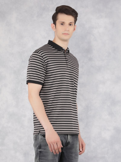 Black Horizontal Striped Polo T-Shirt-Men T-Shirts-Crimsoune Club