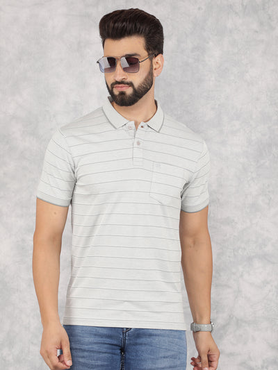 Grey Horizontal Striped Polo Neck T-Shirt-Men T-Shirts-Crimsoune Club