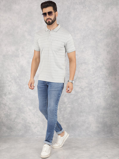 Grey Horizontal Striped Polo Neck T-Shirt-Men T-Shirts-Crimsoune Club