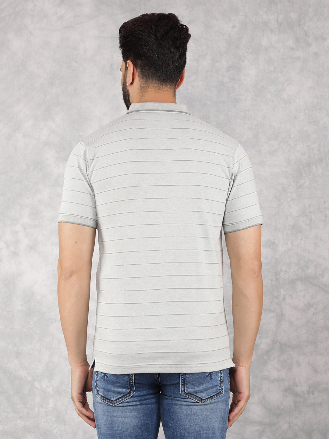 Grey Horizontal Striped Polo Neck T-Shirt-Men T-Shirts-Crimsoune Club