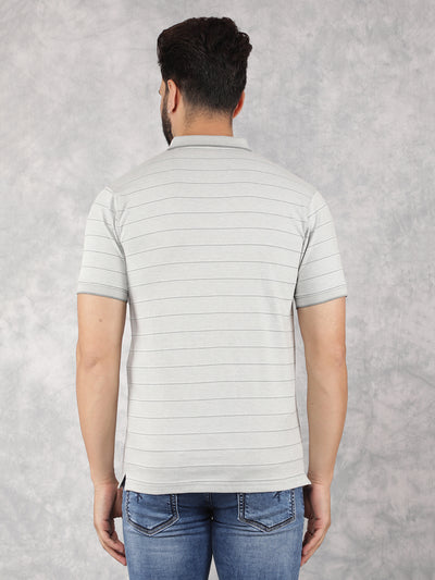 Grey Horizontal Striped Polo Neck T-Shirt-Men T-Shirts-Crimsoune Club