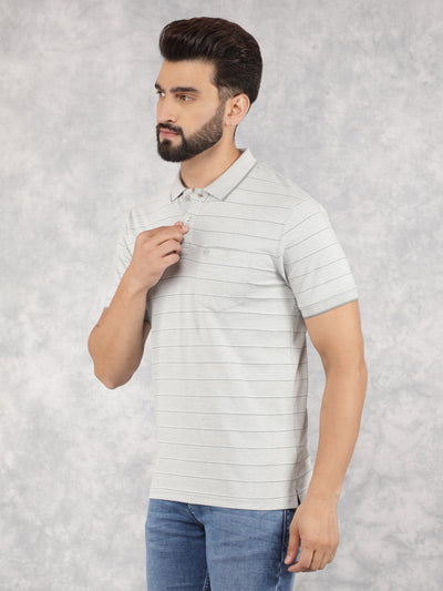 Grey Horizontal Striped Polo Neck T-Shirt-Men T-Shirts-Crimsoune Club