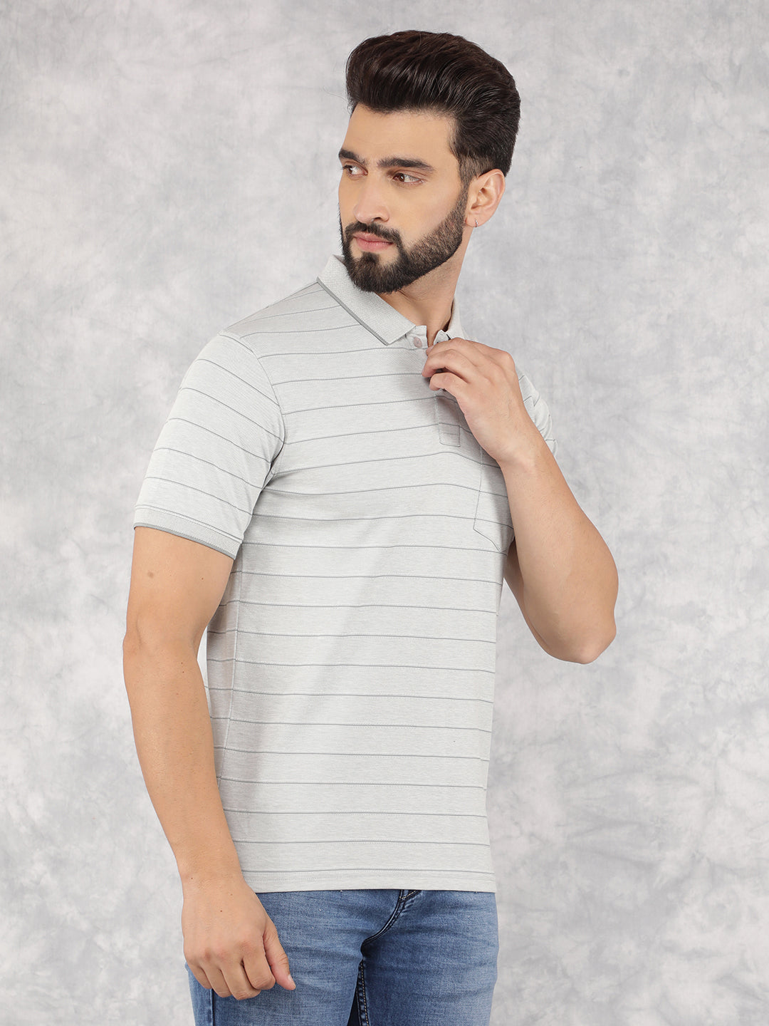 Grey Horizontal Striped Polo Neck T-Shirt-Men T-Shirts-Crimsoune Club