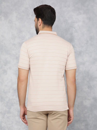 Peach Horizontal Stripes Polo Neck T-Shirt-Men T-Shirts-Crimsoune Club