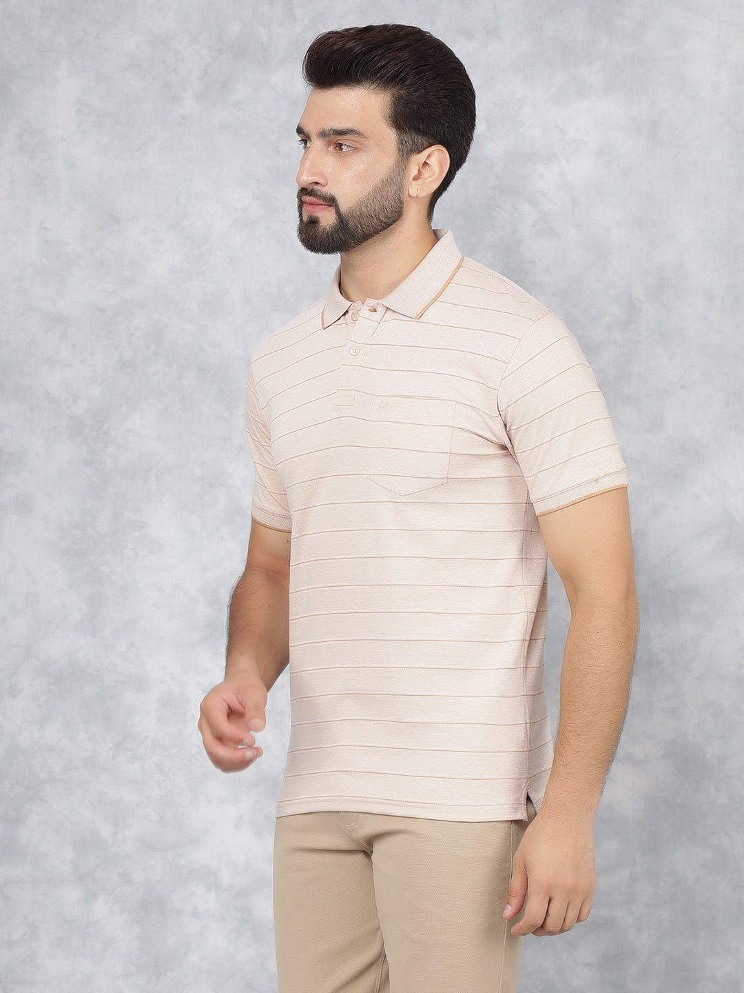 Peach Horizontal Stripes Polo Neck T-Shirt-Men T-Shirts-Crimsoune Club