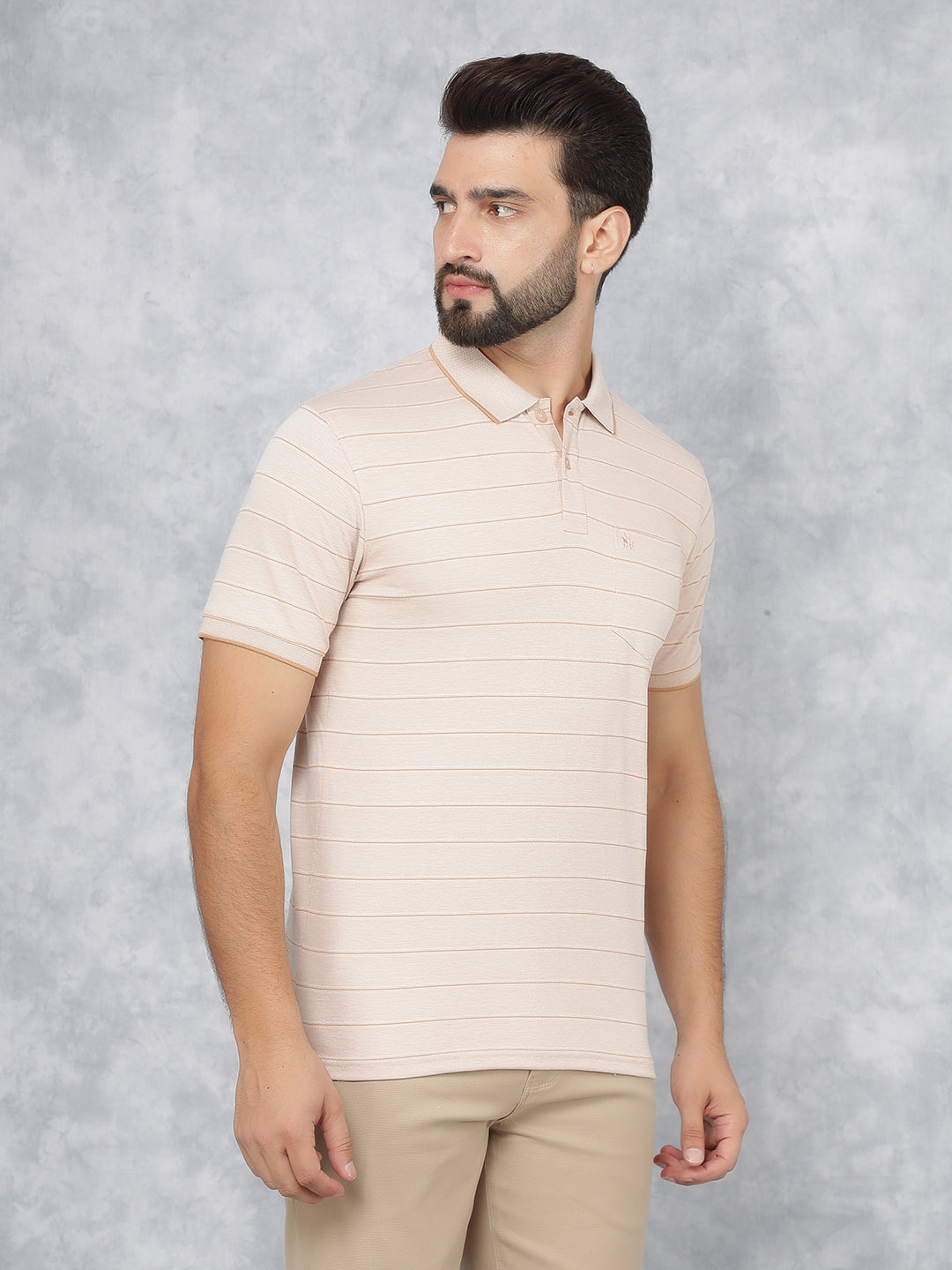 Peach Horizontal Stripes Polo Neck T-Shirt-Men T-Shirts-Crimsoune Club