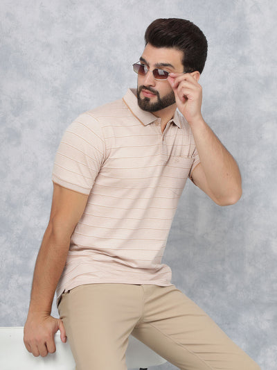 Peach Horizontal Stripes Polo Neck T-Shirt-Men T-Shirts-Crimsoune Club