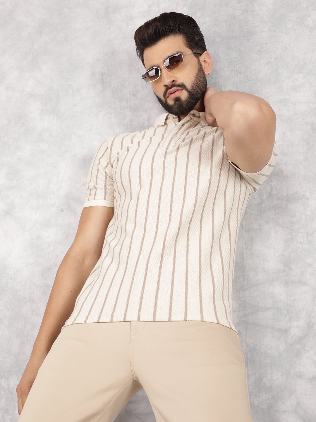 Cream Vertical Striped Polo Neck T-Shirt-Men T-Shirts-Crimsoune Club