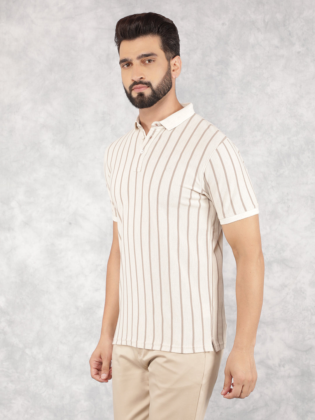 Cream Vertical Striped Polo Neck T-Shirt-Men T-Shirts-Crimsoune Club