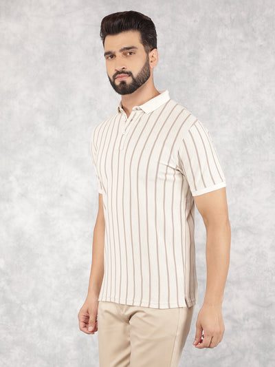 Cream Vertical Striped Polo Neck T-Shirt-Men T-Shirts-Crimsoune Club