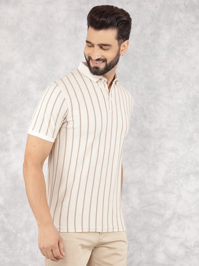 Cream Vertical Striped Polo Neck T-Shirt-Men T-Shirts-Crimsoune Club