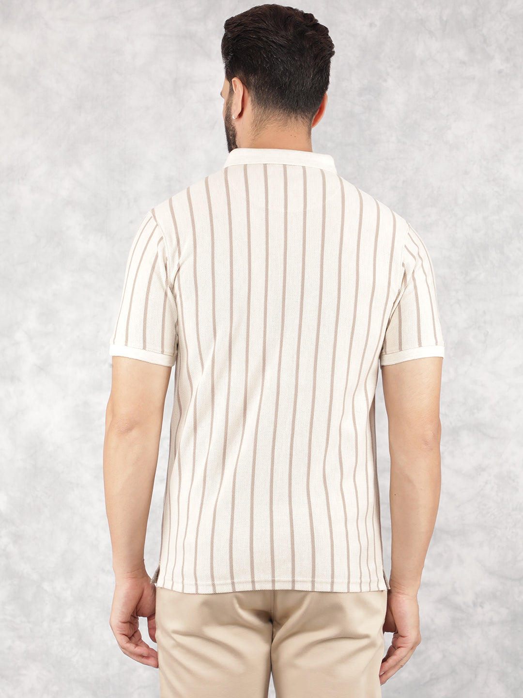 Cream Vertical Striped Polo Neck T-Shirt-Men T-Shirts-Crimsoune Club