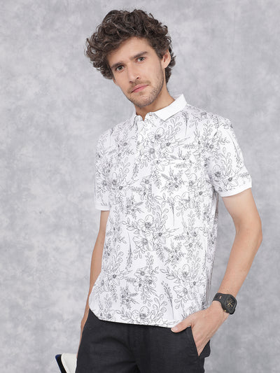 White Floral Print Polo Neck T-Shirt-Men T-Shirts-Crimsoune Club