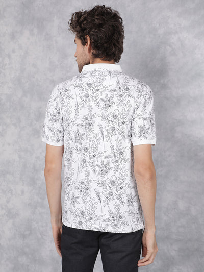 White Floral Print Polo Neck T-Shirt-Men T-Shirts-Crimsoune Club