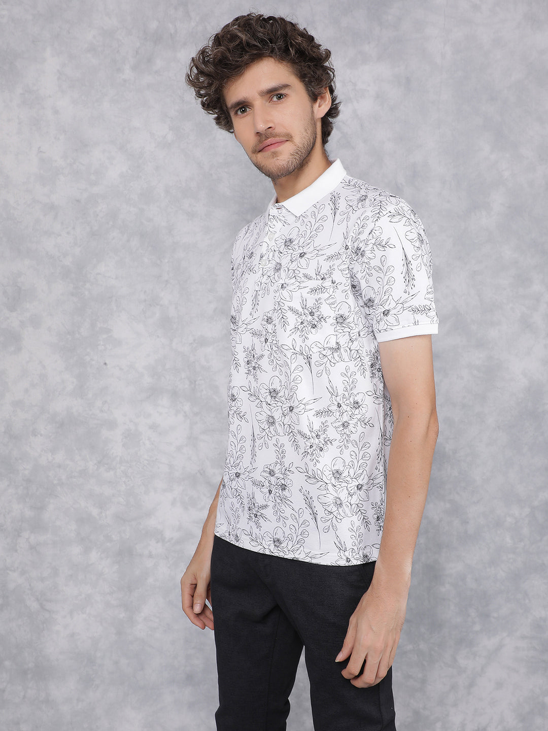 White Floral Print Polo Neck T-Shirt-Men T-Shirts-Crimsoune Club