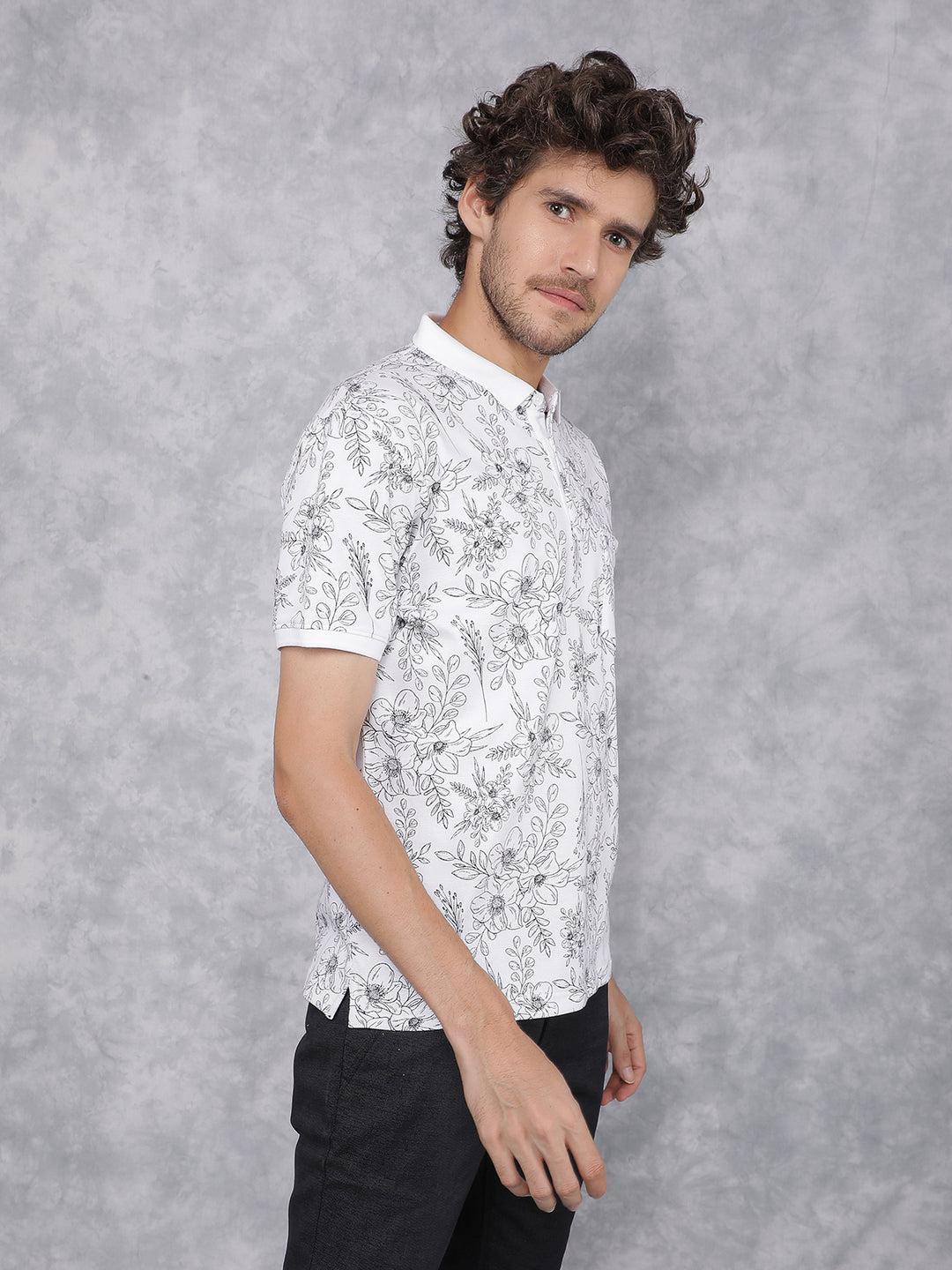 White Floral Print Polo Neck T-Shirt-Men T-Shirts-Crimsoune Club