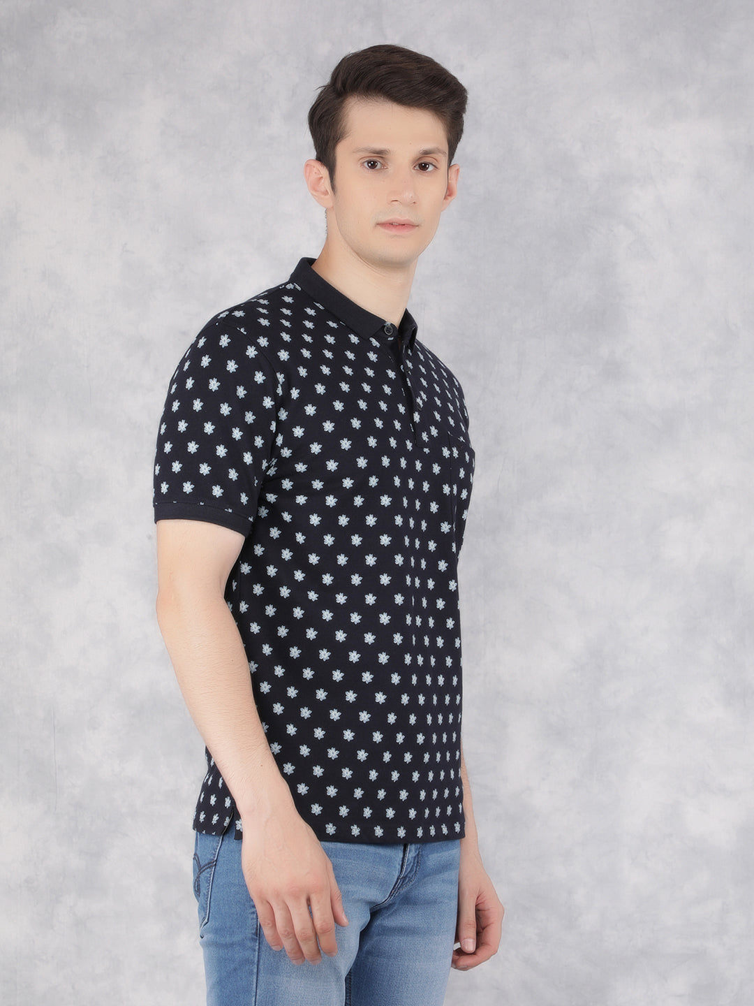 Navy Blue Floral Print Polo T-Shirt-Men T-Shirts-Crimsoune Club