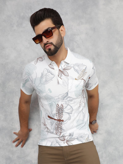 White Floral Print Polo Neck T-Shirt-Men T-Shirts-Crimsoune Club