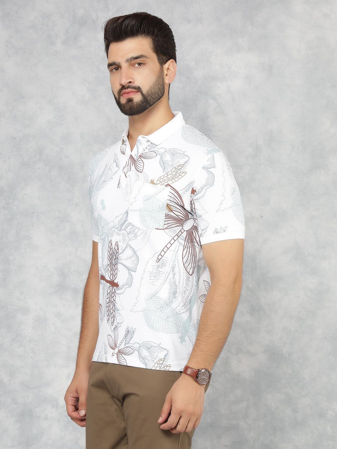 White Floral Print Polo Neck T-Shirt-Men T-Shirts-Crimsoune Club