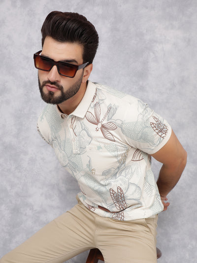 Beige Floral Print Polo Neck T-Shirt-Men T-Shirts-Crimsoune Club