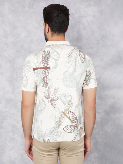 Beige Floral Print Polo Neck T-Shirt-Men T-Shirts-Crimsoune Club