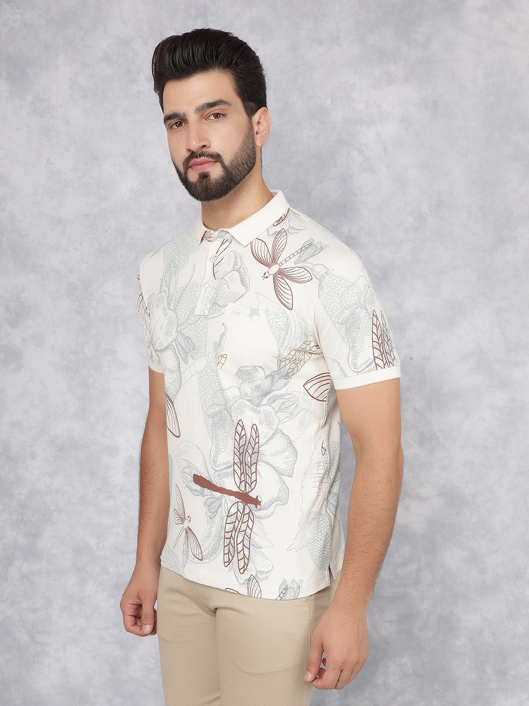 Beige Floral Print Polo Neck T-Shirt-Men T-Shirts-Crimsoune Club