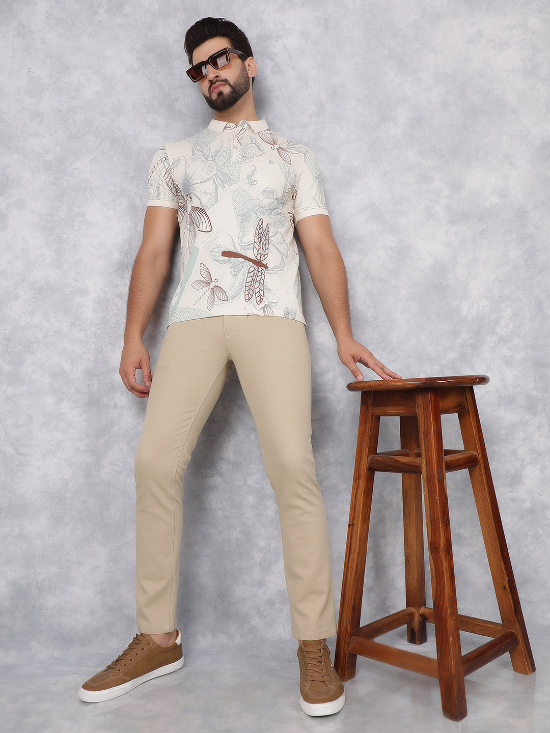 Beige Floral Print Polo Neck T-Shirt-Men T-Shirts-Crimsoune Club