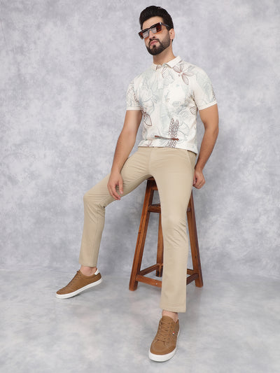 Beige Floral Print Polo Neck T-Shirt-Men T-Shirts-Crimsoune Club