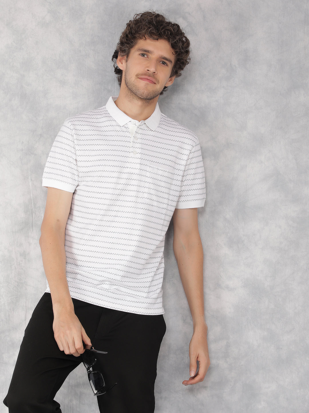 White Printed Polo Neck T-Shirt-Men T-Shirts-Crimsoune Club