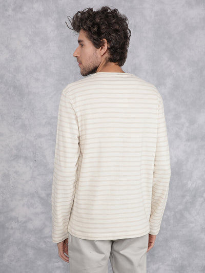 Beige Horizontal Stripes Long Sleeves T-Shirt-Men T-Shirts-Crimsoune Club